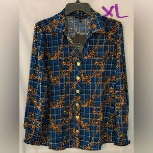 Women's Blue and Gold Chain Print Top